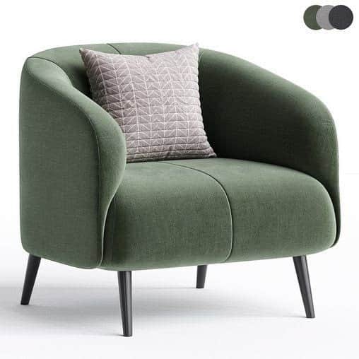 A modern, upholstered barrel armchair in a dark green fabric, featuring a rounded back and integrate… — free GLTF 3D model