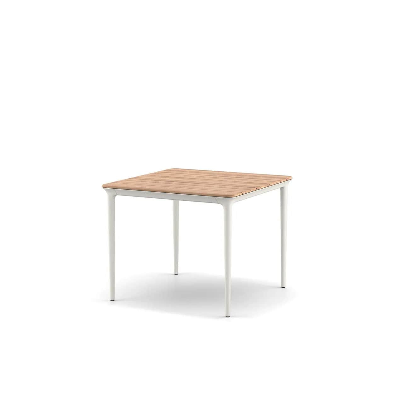 A small, square table featuring a slatted wooden top and four white metal legs, designed for outdoor… — 3D model