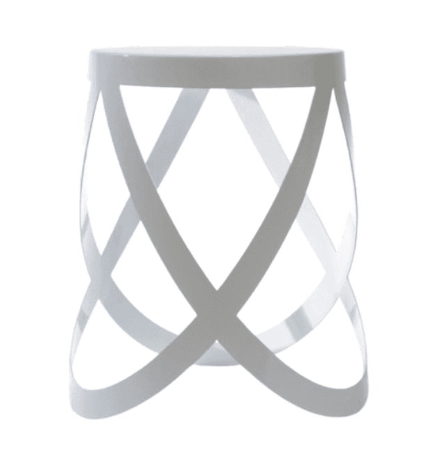A contemporary white accent stool or side table featuring a solid circular top and an open, hourglas… — 3D model