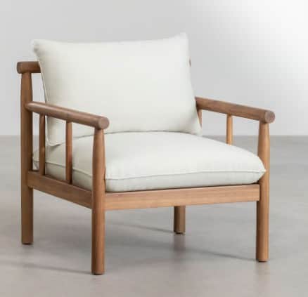A modern armchair featuring a sturdy, open-grain wooden frame with clean lines and rounded details.… — 3D model