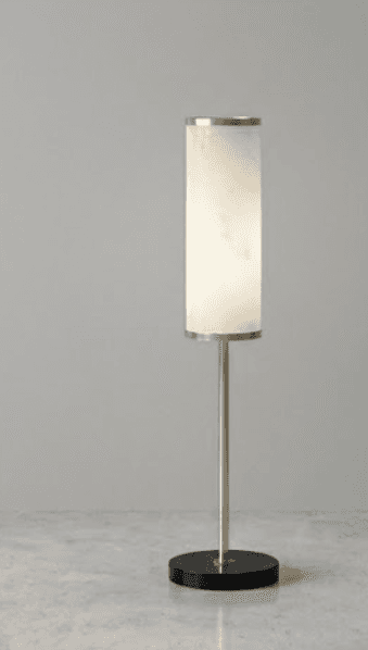 A contemporary table lamp featuring a tall, slender cylindrical frosted shade, supported by a polish… — 3D model