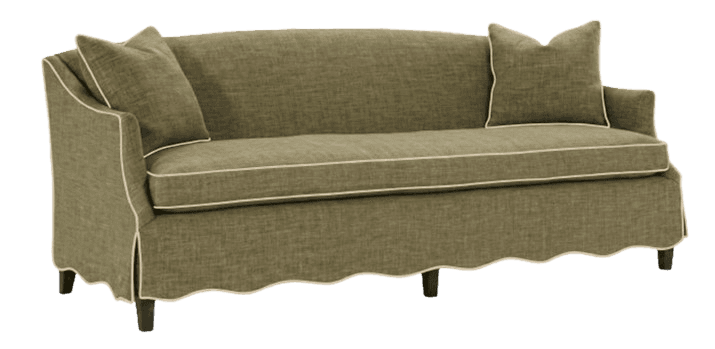 A three-seater sofa with a curved back and flared arms. It features a tailored skirt with a scallope… — 3D model