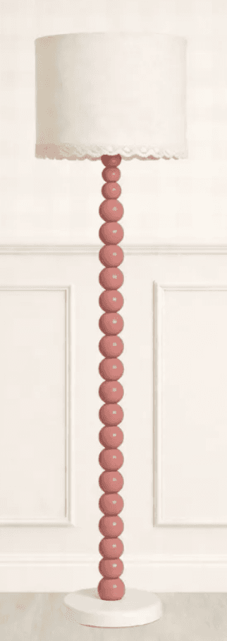 A tall floor lamp featuring a column made of uniformly sized pink beads, a round white base, and a c… — 3D model