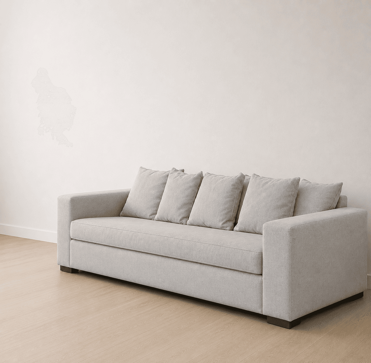 A modern three-seater sofa upholstered in a light gray woven fabric, featuring a streamlined rectang… — 3D model