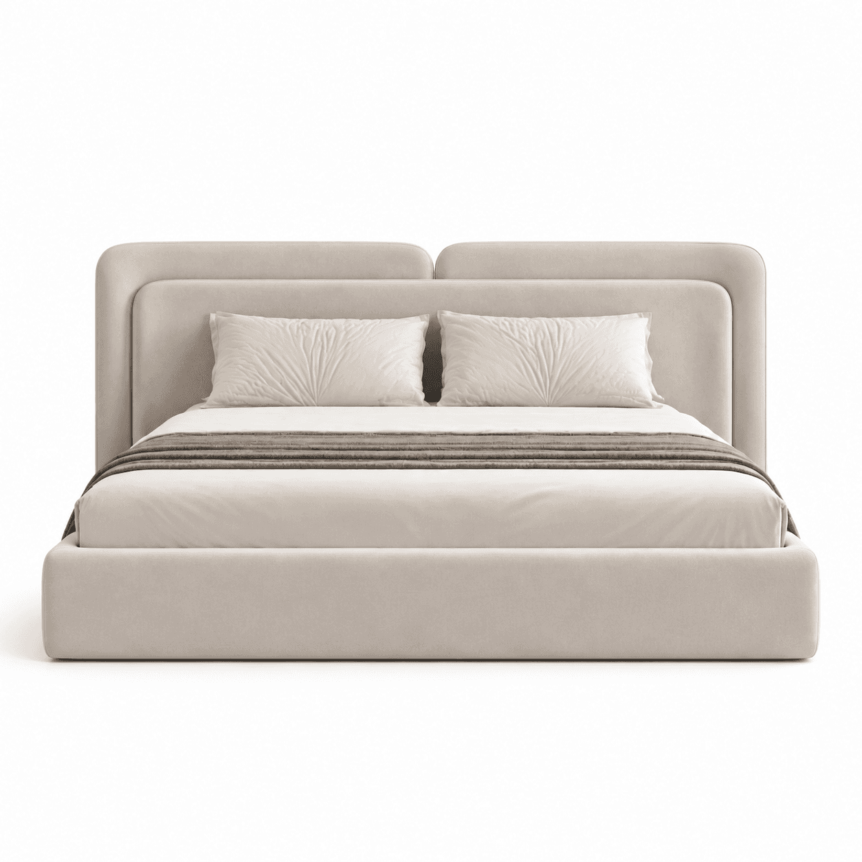 A modern upholstered platform bed featuring a distinctive padded headboard and a low-profile frame.… — 3D model