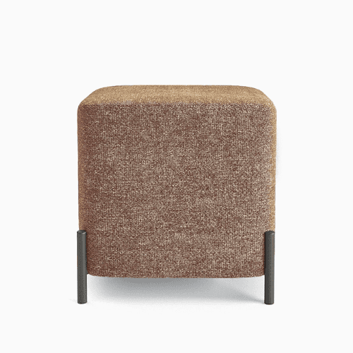 A square-shaped ottoman with rounded edges, upholstered in a textured fabric. It is supported by fou… — 3D model