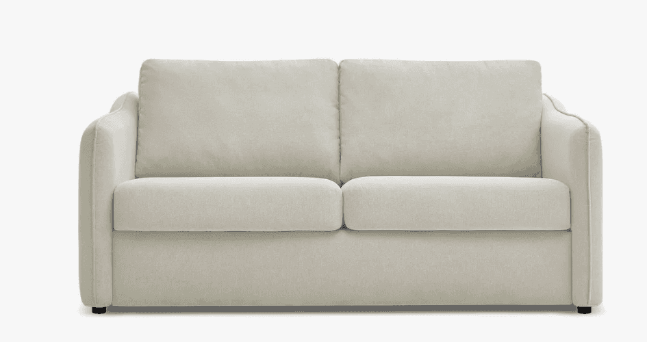 A contemporary two-seat loveseat upholstered in a light beige fabric, featuring soft lines, plush cu… — 3D model