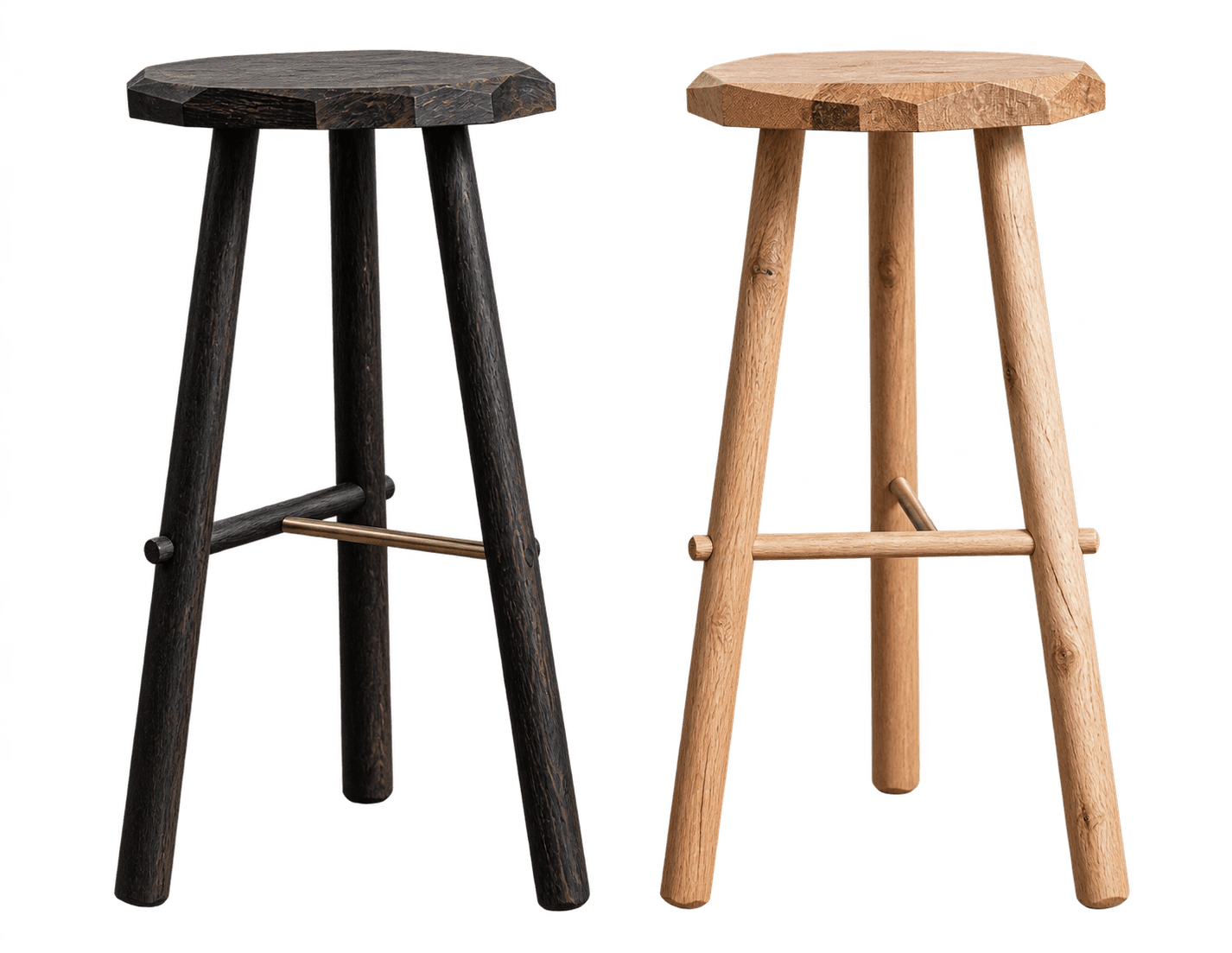 A dark-stained wooden stool featuring a faceted, octagonal seat and three splayed legs. A single bra… — 3D model