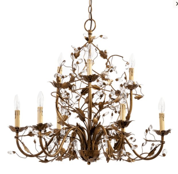 A vintage-style chandelier with a metal frame adorned with leaf motifs and crystal accents. It featu… — 3D model