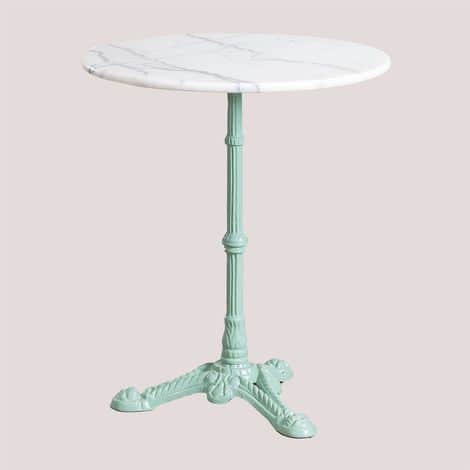 A round bistro-style table featuring a white marble top and a mint green ornate cast iron pedestal b… — 3D model