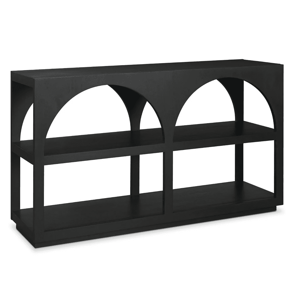 A black console table with an open shelf design. It features two levels of shelving. The top panel h… — 3D model