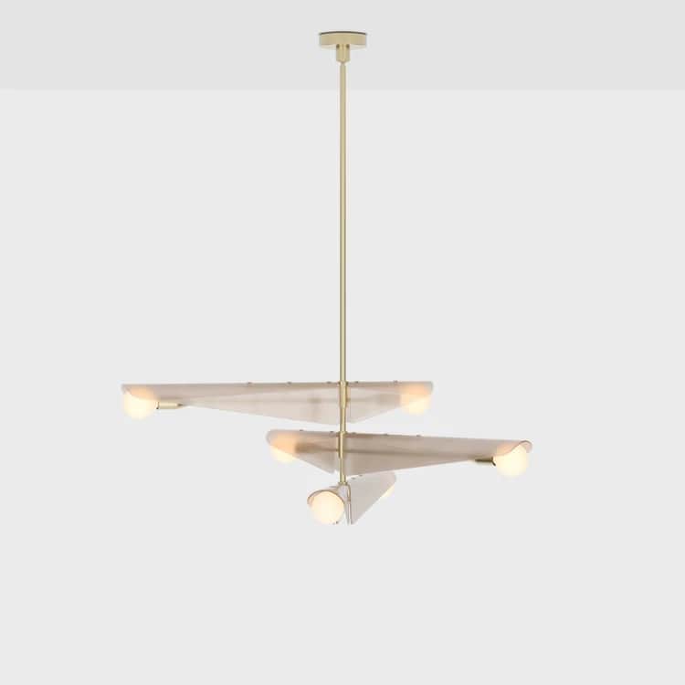 A modern and minimalist ceiling-mounted chandelier featuring a central suspension rod made of brass,… — 3D model