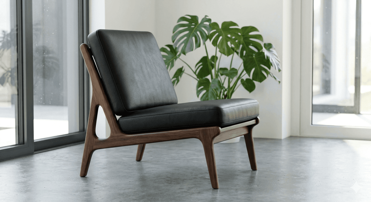 A contemporary lounge chair with a dark wood frame and black leather cushions, featuring an open, sc… — free OBJ 3D model