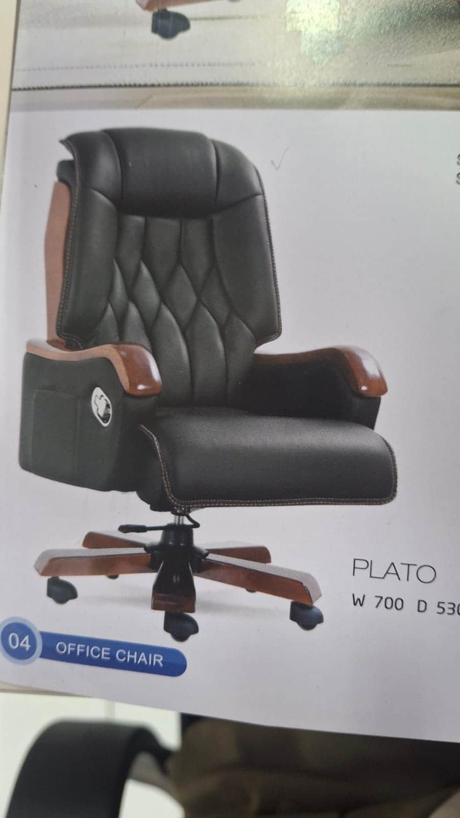 An executive swivel office chair featuring black padded upholstery, wooden armrests, and a five-star… — 3D model