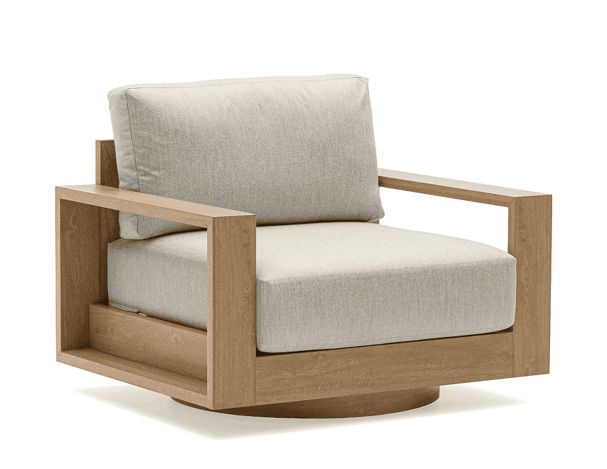 A contemporary lounge chair featuring a robust, open-box wooden frame and thick, upholstered cushion… — 3D model
