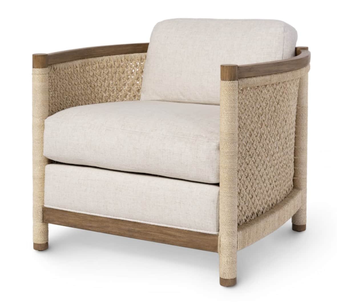 An upholstered armchair featuring a blend of natural materials. The chair has a sturdy wooden frame,… — 3D model