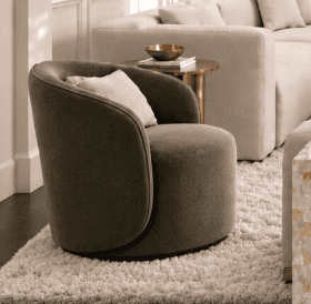 An upholstered barrel-shaped chair with a swivel base, rendered in a textured olive green fabric, fe… — 3D model