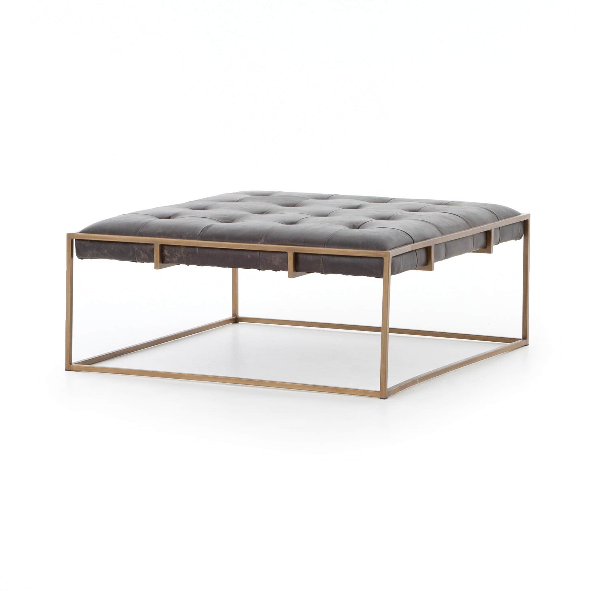A square tufted ottoman with a dark brown leather top and a thin metal frame. The frame has a brushe… — 3D model