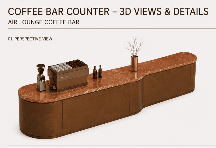 A long, curved counter with a marble top and a dark wood base. The counter has a smooth, polished fi… — 3D model