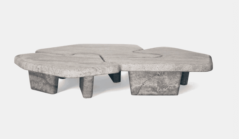 A low-profile coffee table with an organic, irregular shape. The tabletop is segmented into three di… — 3D model