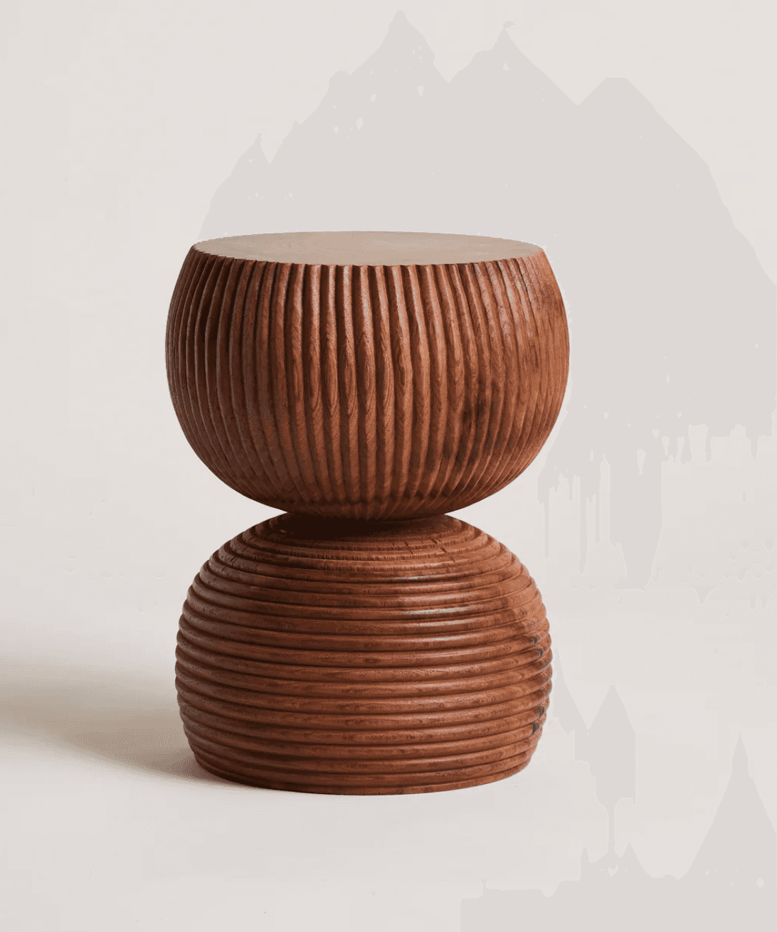 A sculptural accent table crafted from dark wood, featuring a stacked design of two rounded, intrica… — 3D model