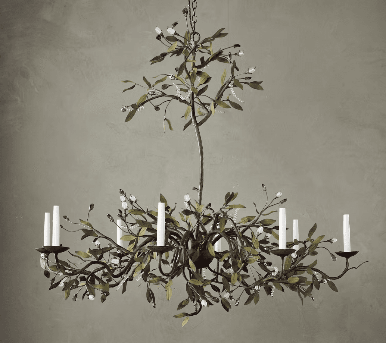A multi-tiered chandelier designed to resemble a tree or vine, featuring metal branches adorned with… — free OBJ 3D model