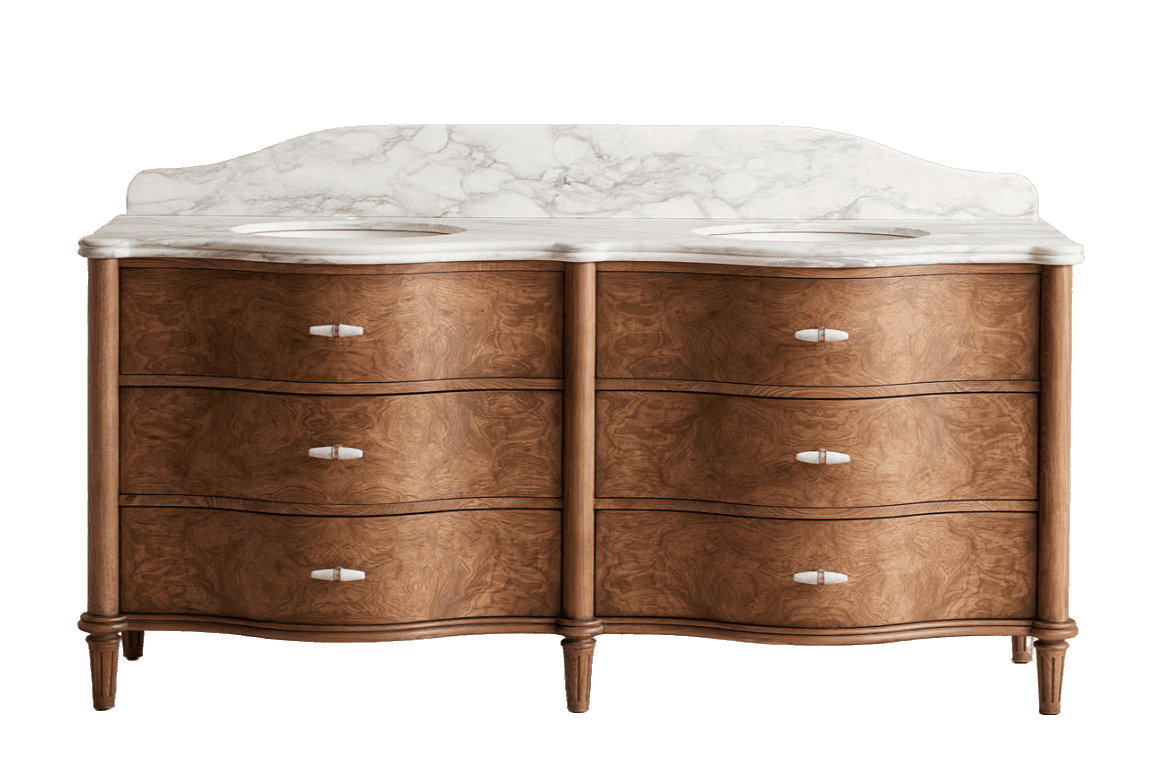A double vanity dressing table featuring a marble top with two integrated sinks and a curved backspl… — 3D model