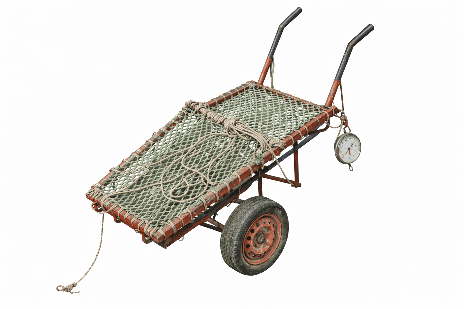 A robust, single-wheeled hand cart with a red-painted metal frame, a large rubber tire, and two blac… — 3D model