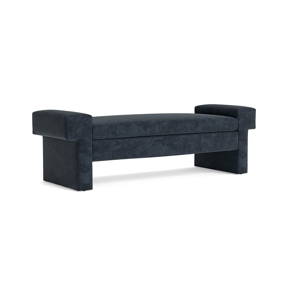 A dark-colored upholstered bench with blocky arms and legs. The bench has a rectangular seat and fea… — 3D model