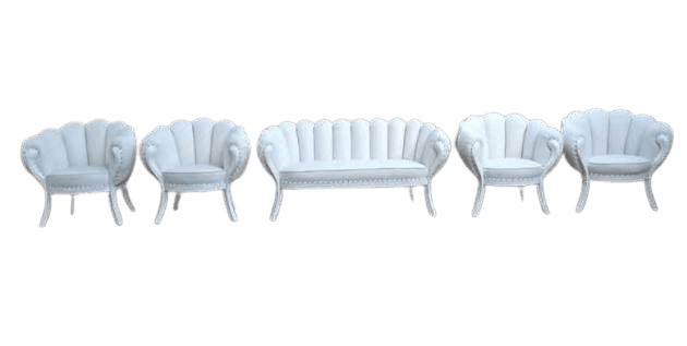 An elegant, upholstered loveseat featuring a distinctive shell-back design with vertical channel tuf… — 3D model