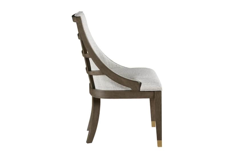 A side profile view of a dining chair. The chair features a dark-stained wooden frame with elegantly… — 3D model