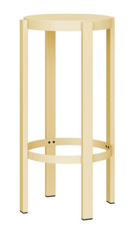 A tall, backless bar stool featuring a round seat and four straight legs. A circular footrest connec… — 3D model