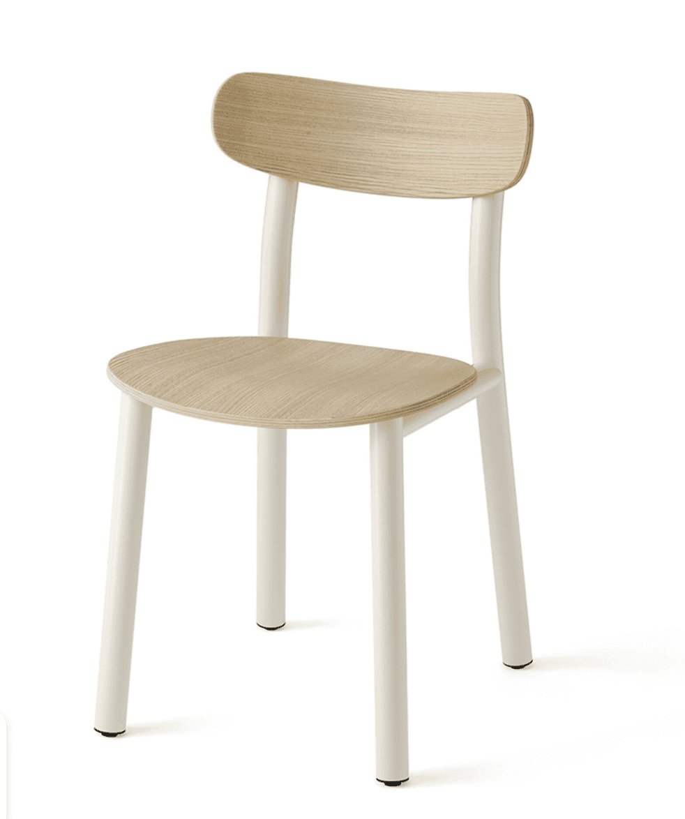 A modern chair featuring a light wood grain plywood seat and backrest, supported by an off-white tub… — 3D model