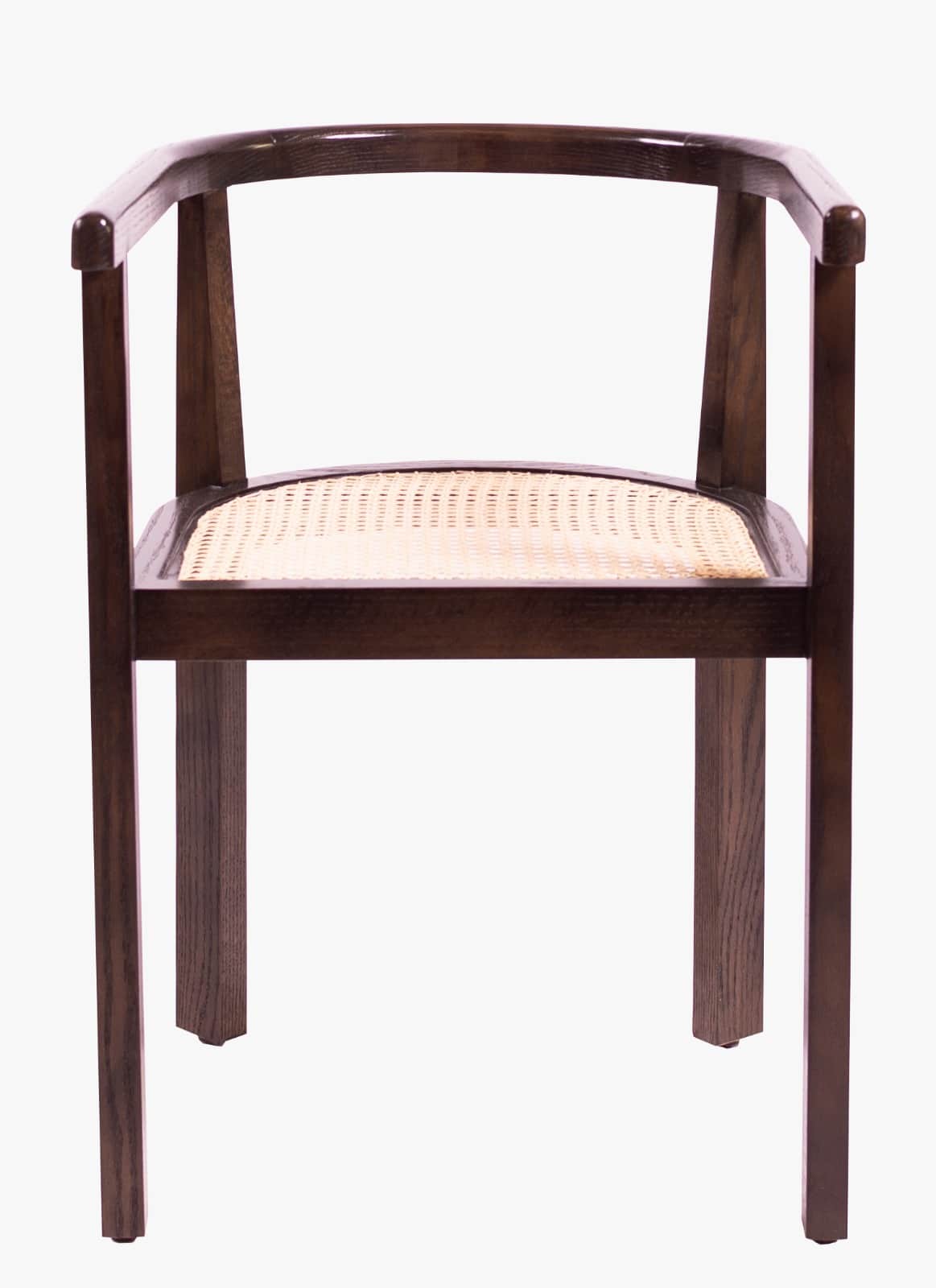 A dark stained wooden armchair featuring a curved, continuous backrest and armrests, paired with a w… — 3D model