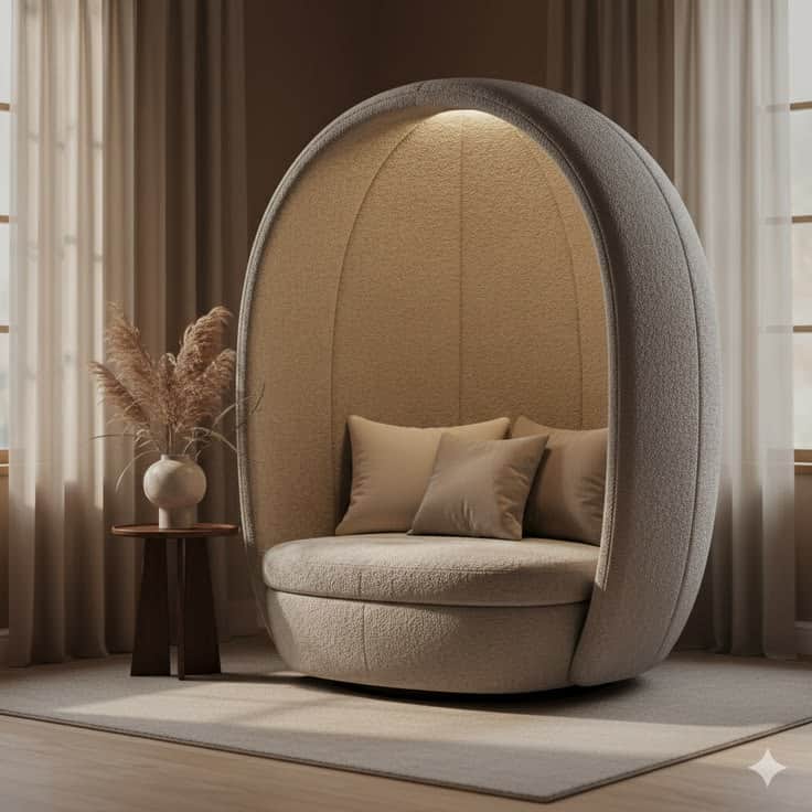 A rounded, semi-enclosed lounge chair with an integrated canopy structure. The chair features a circ… — 3D model