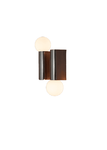 A modern wall-mounted lighting fixture featuring two spherical opal glass diffusers, one positioned… — 3D model