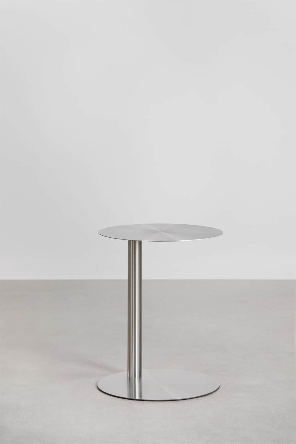 A minimalist circular side table featuring a brushed metallic finish. It consists of a round tableto… — 3D model