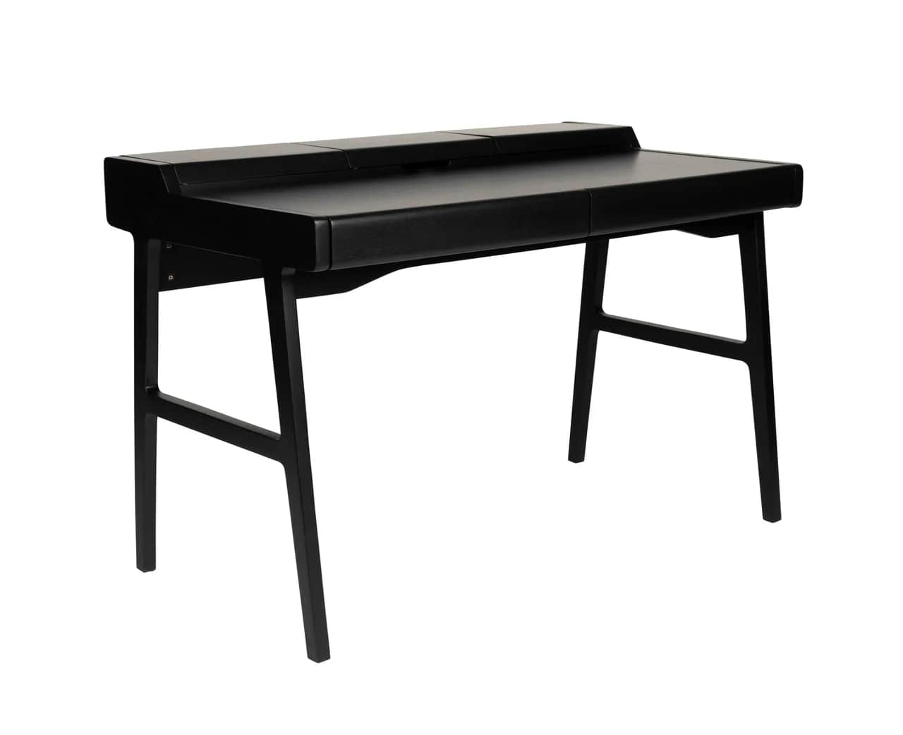 A black wooden desk with a minimalist design. It features a rectangular top with two raised compartm… — free OBJ 3D model