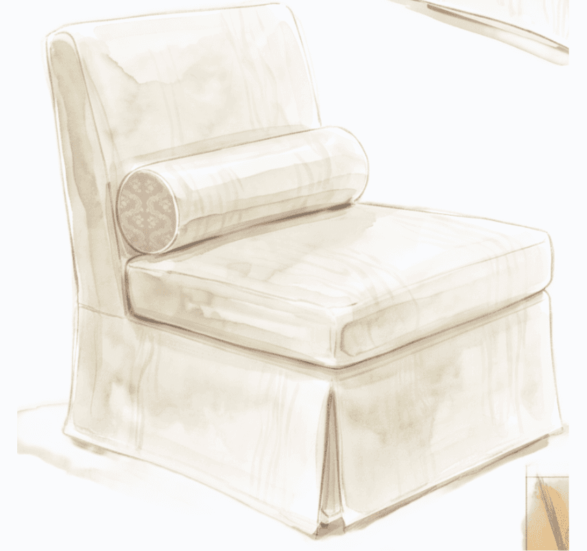 An armless upholstered chair featuring a low back, a deep seat cushion, and a skirted base with plea… — 3D model