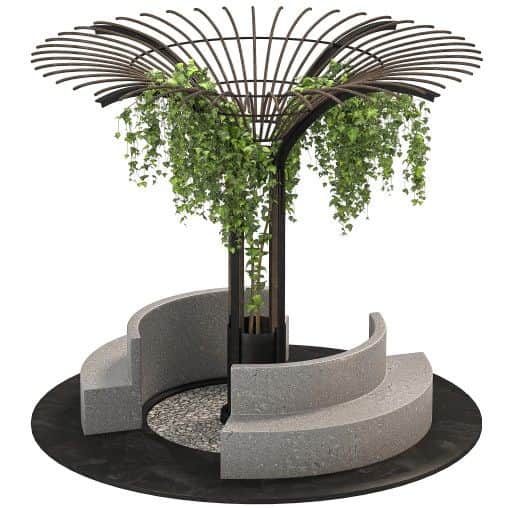A modern, semi-circular outdoor bench designed to encircle a central planter feature. The bench is c… — free SKP 3D model