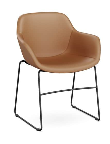 A modern armchair featuring a curved, shell-like seat and backrest, upholstered in a camel-colored f… — 3D model