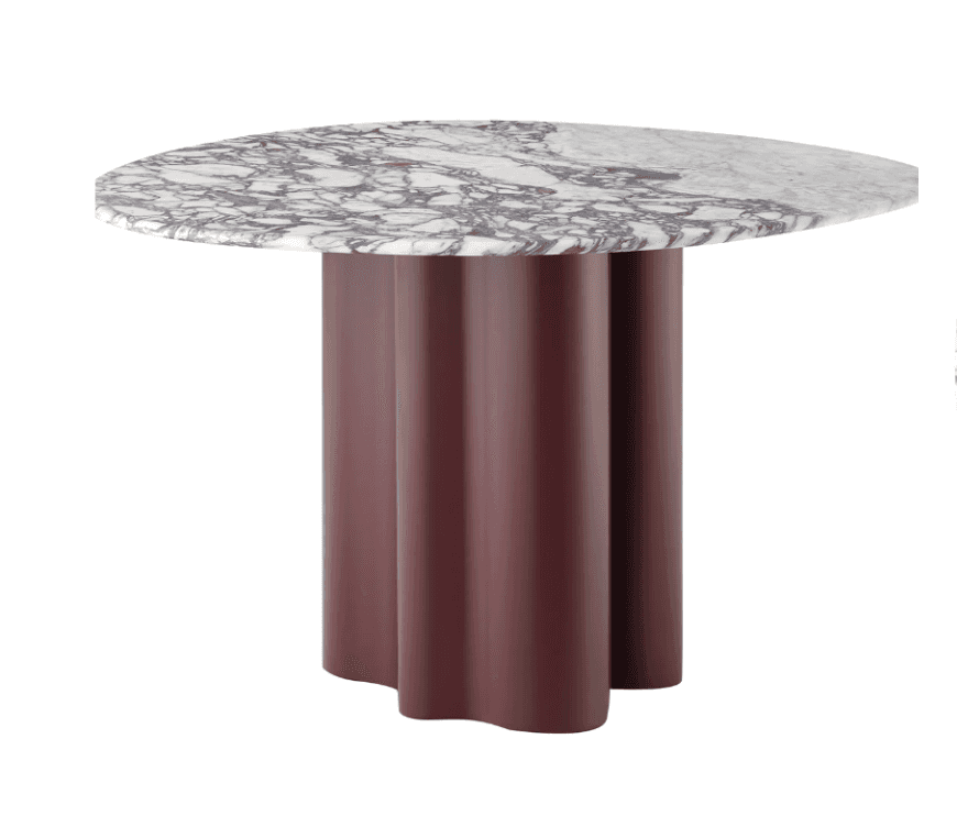 A side table featuring a rounded, irregular-shaped top made of marble with prominent purple veining… — 3D model
