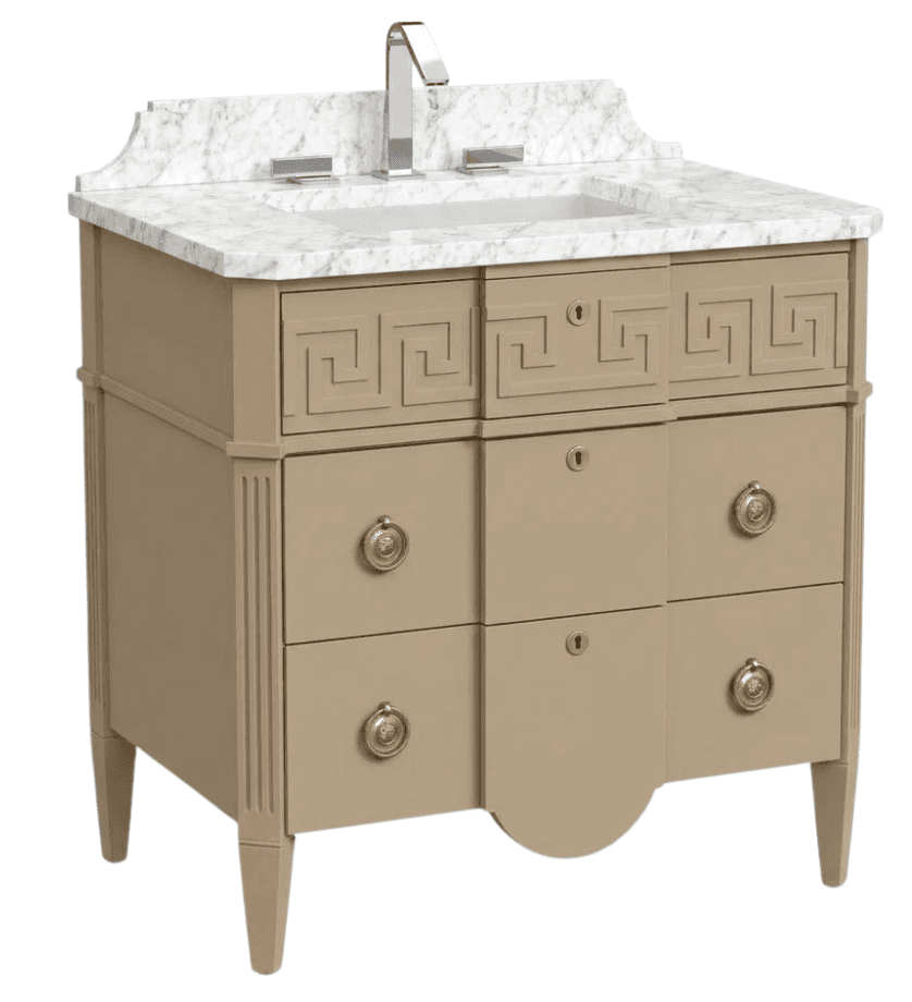 A transitional bathroom vanity featuring a greige painted wooden cabinet, a white marble countertop… — 3D model