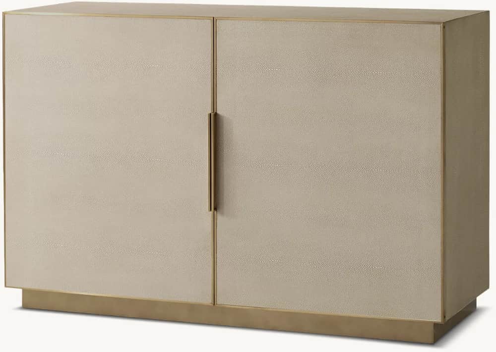 A rectangular two-door sideboard featuring a light beige, textured faux shagreen finish. The cabinet… — 3D model
