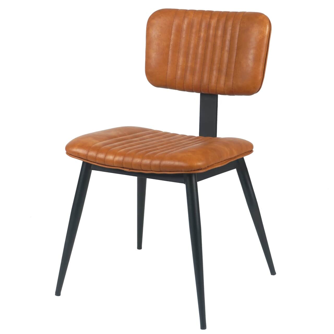 An armless dining chair featuring a padded seat and back upholstered in a warm brown faux leather wi… — 3D model
