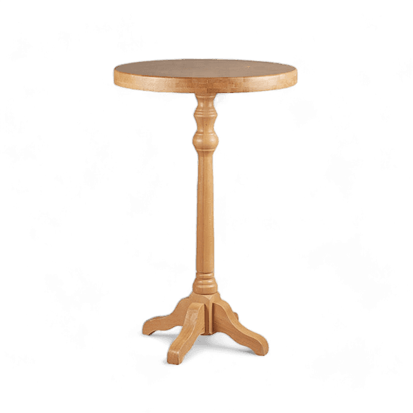 A light-toned, natural wood bar height table featuring a round top and a classic turned pedestal bas… — 3D model