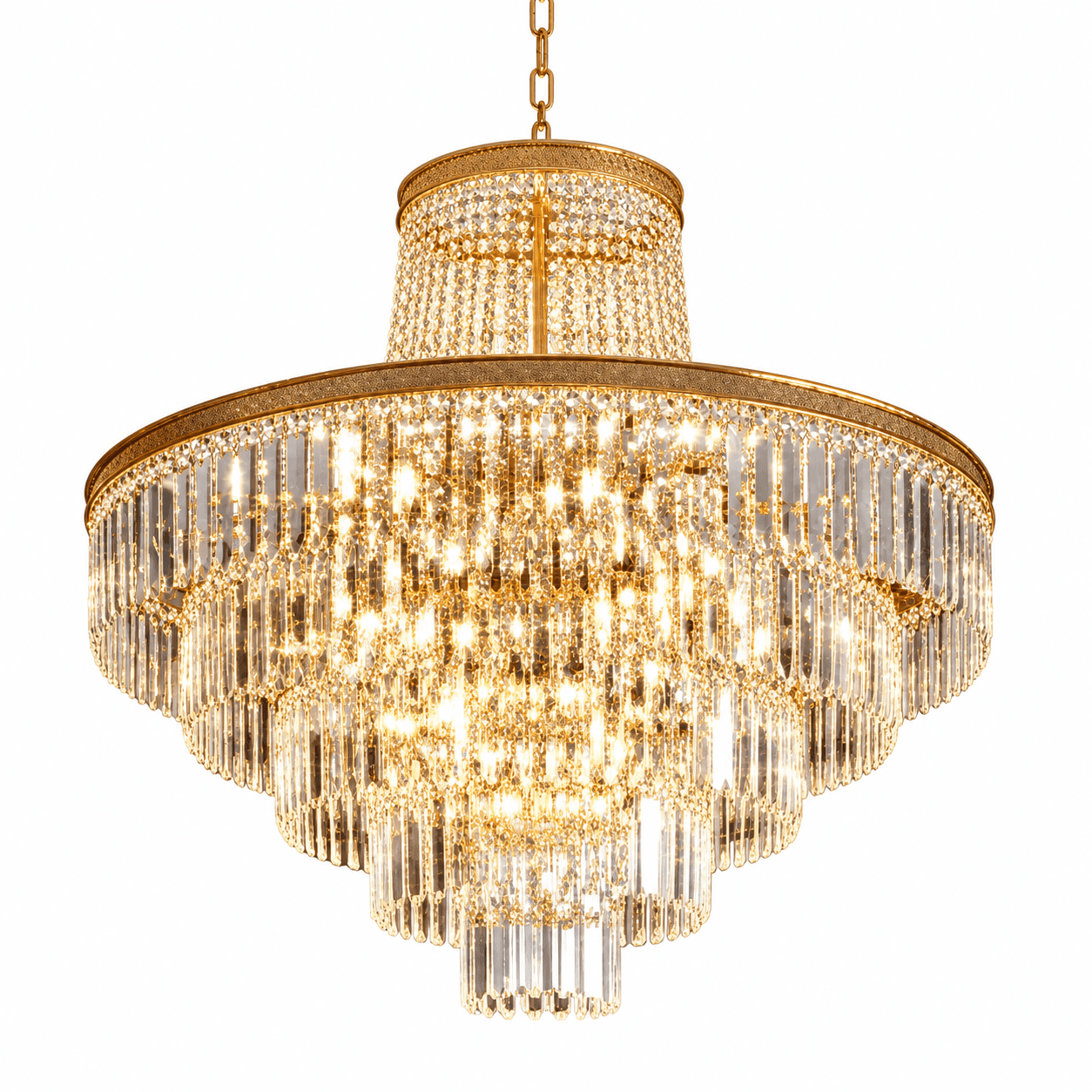 A multi-tiered chandelier featuring a gold-finished metal frame adorned with numerous crystal elemen… — 3D model