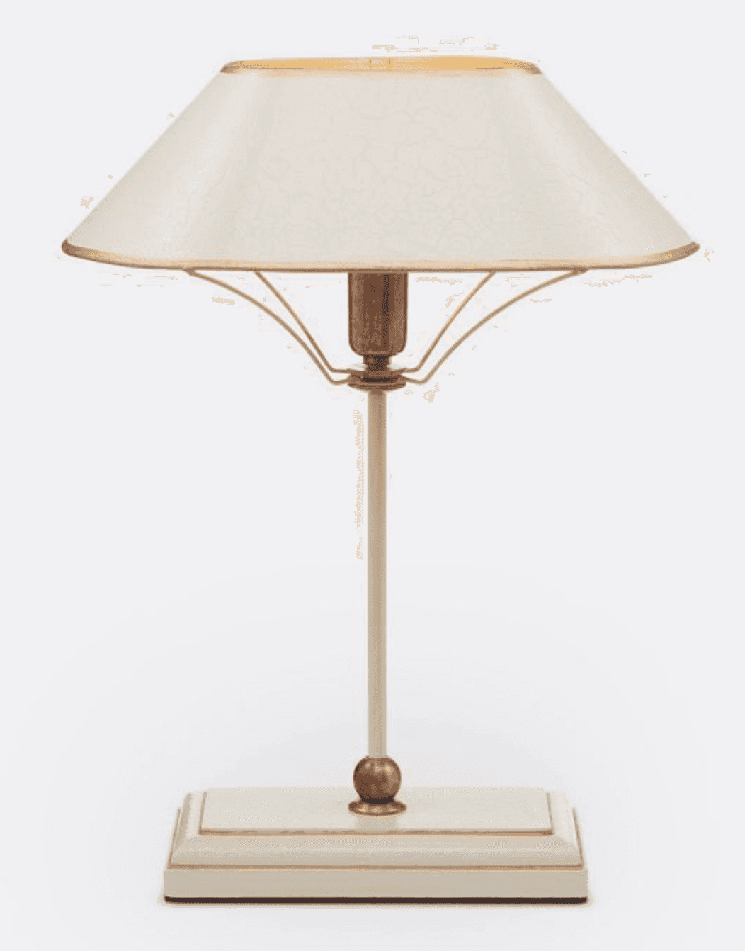 A table lamp with a rectangular base, a slender central stem, and a conical lampshade. The base and… — 3D model