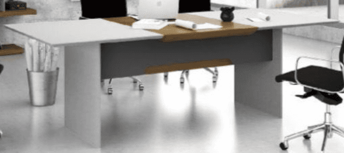 A modern, rectangular table featuring a central wooden top and white end sections, supported by soli… — 3D model
