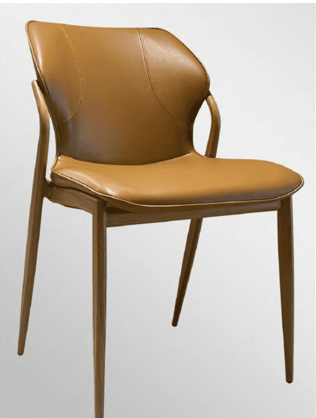 A contemporary dining armchair featuring a slender wooden frame with integrated armrests and upholst… — free OBJ 3D model